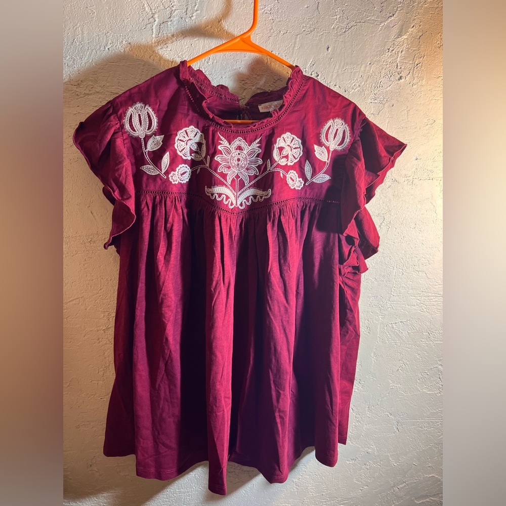 Knox Rose Burgundy Embroidered Flutter Sleeve Blouse
